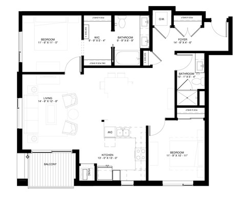 Floor plan for 2 beds, 2 baths, 1181 sqft